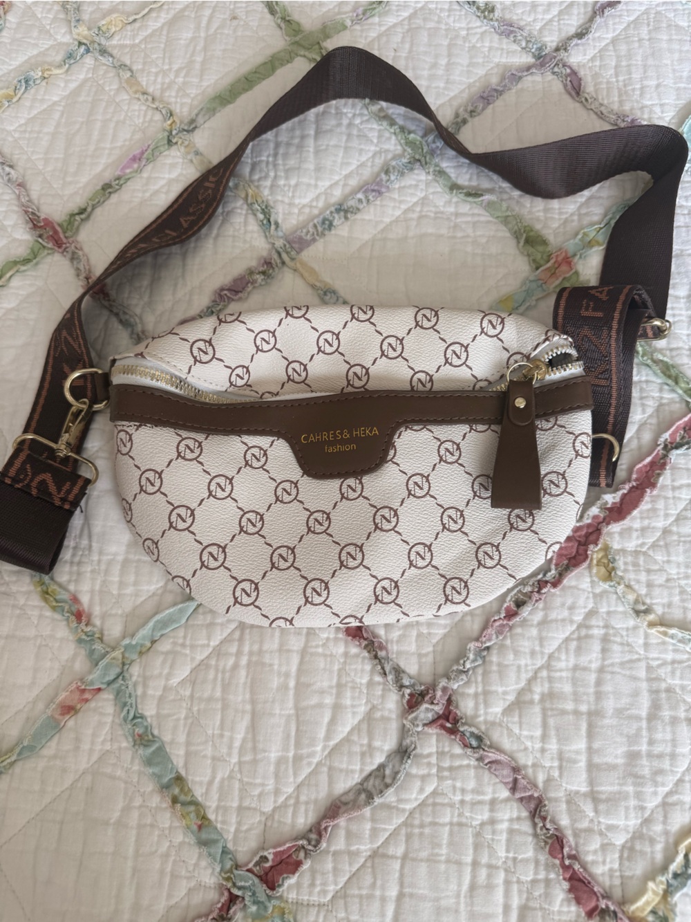 White & Brown Logo Crossbody Belt Bag